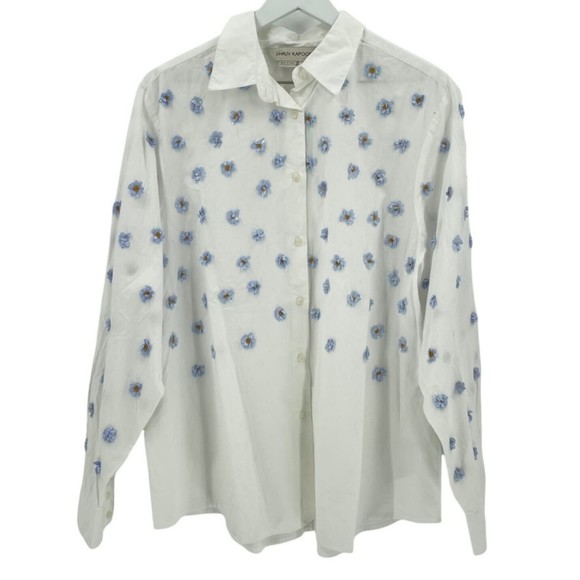 DHRUV KAPOOR Anthropologie Cotton Embroidered Button Down Shirt 3D Flowers Sz. S - Picture 1 of 11